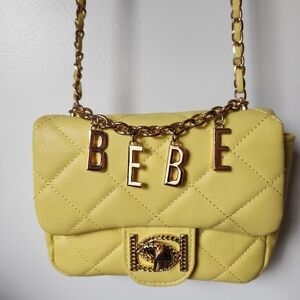 bebe Yellow Quilted Shoulder Bag Chain Accent Detachable Strap Gold Hardware